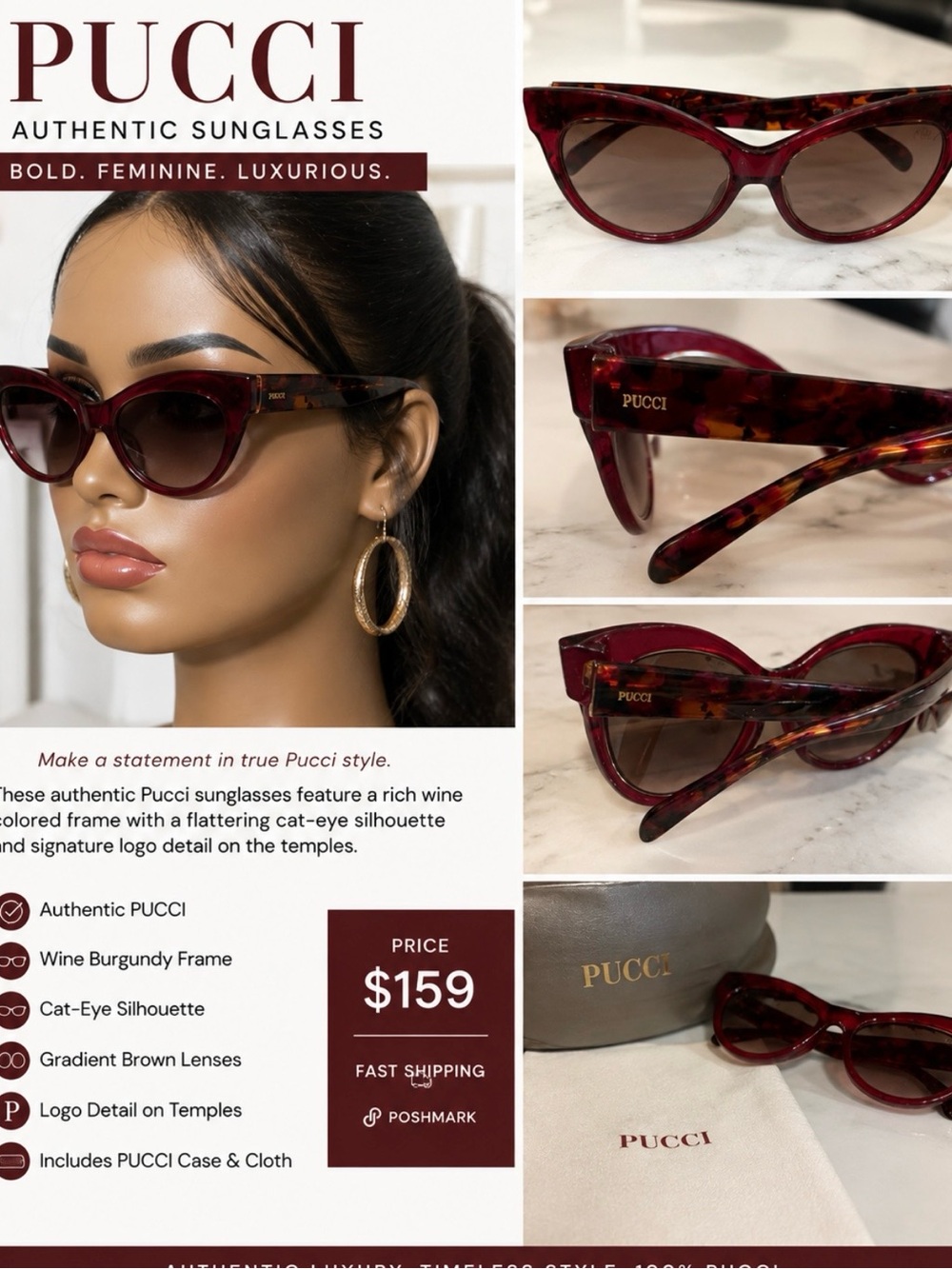 Emilio Pucci Wine Burgundy Cat-Eye Sunglasses with case